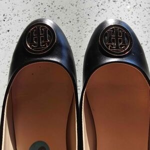 Black Women's Leather Ballet Flats with Gold Logo Medallion